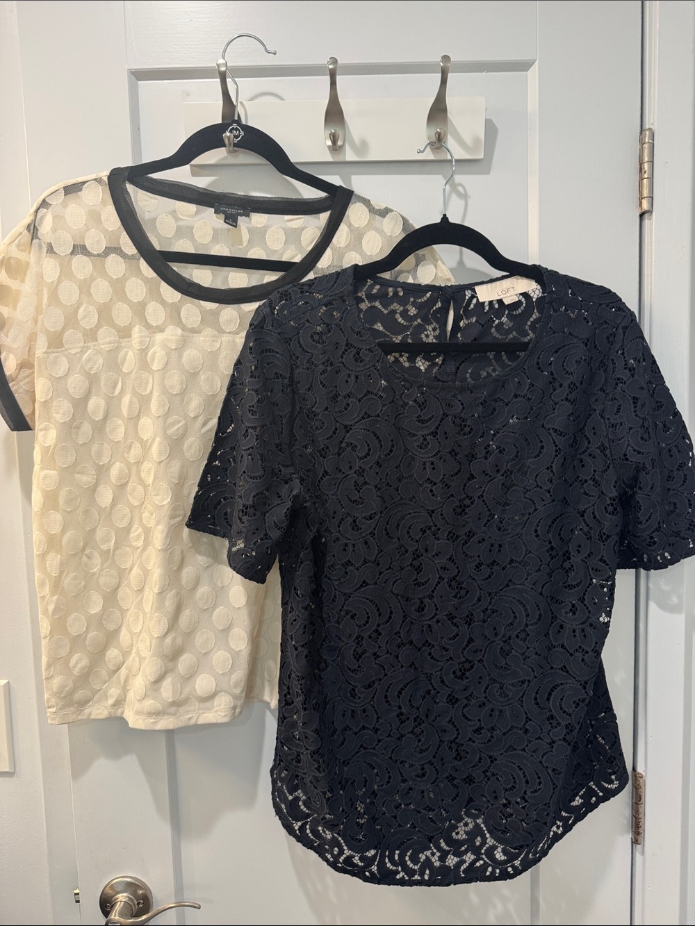 Two Tops -LOFT Navy Lace Short-Sleeve Blouse & Ann Taylor Ivory Polka Dot Top